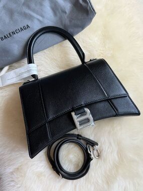 Balenciaga Black Hourglass Top Handle Satchel with Silver 'B' Logo